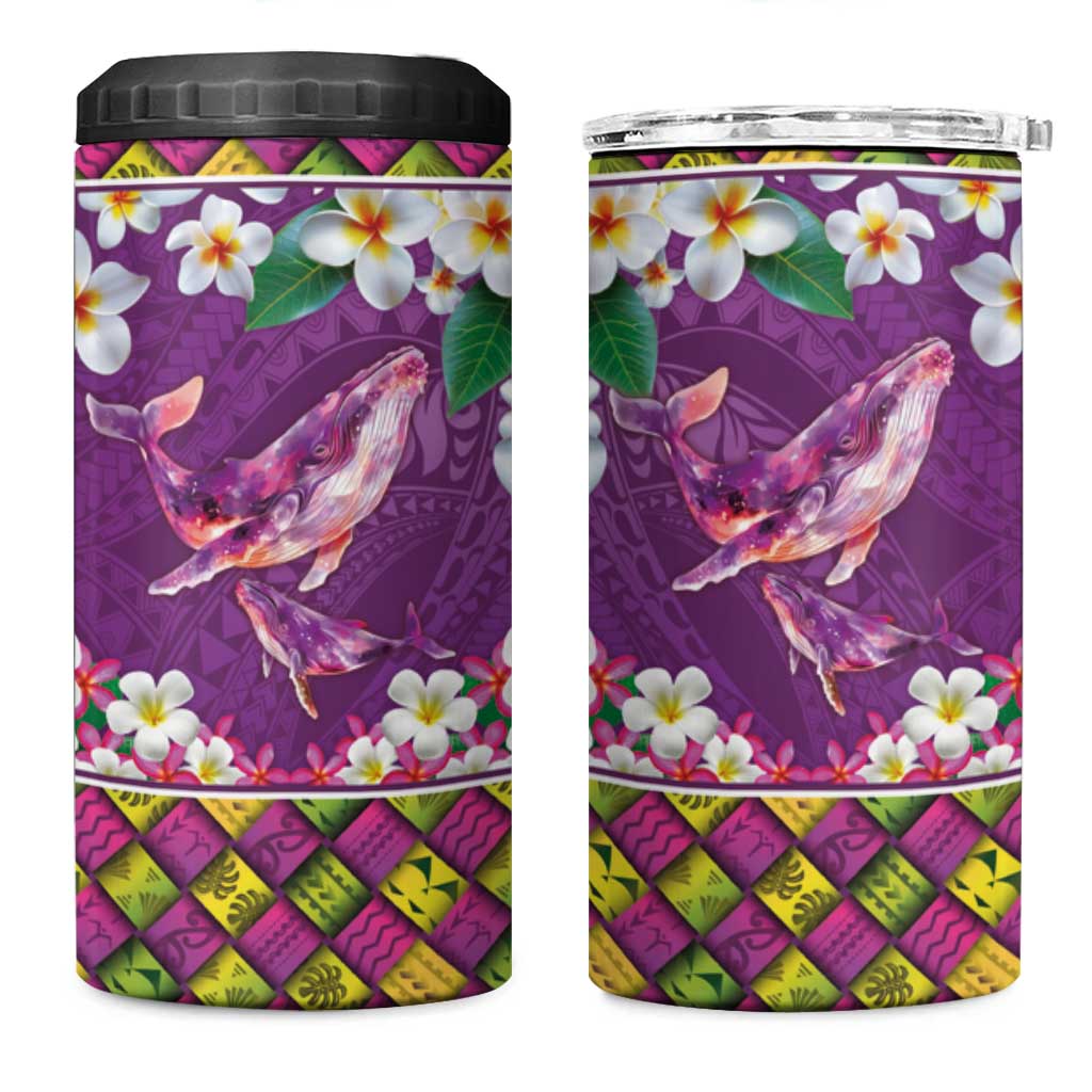 Hawaiian Plumeria and Humpback Whales 4 in 1 Can Cooler Tumbler Polynerian Art Tattoo-Mauve Color