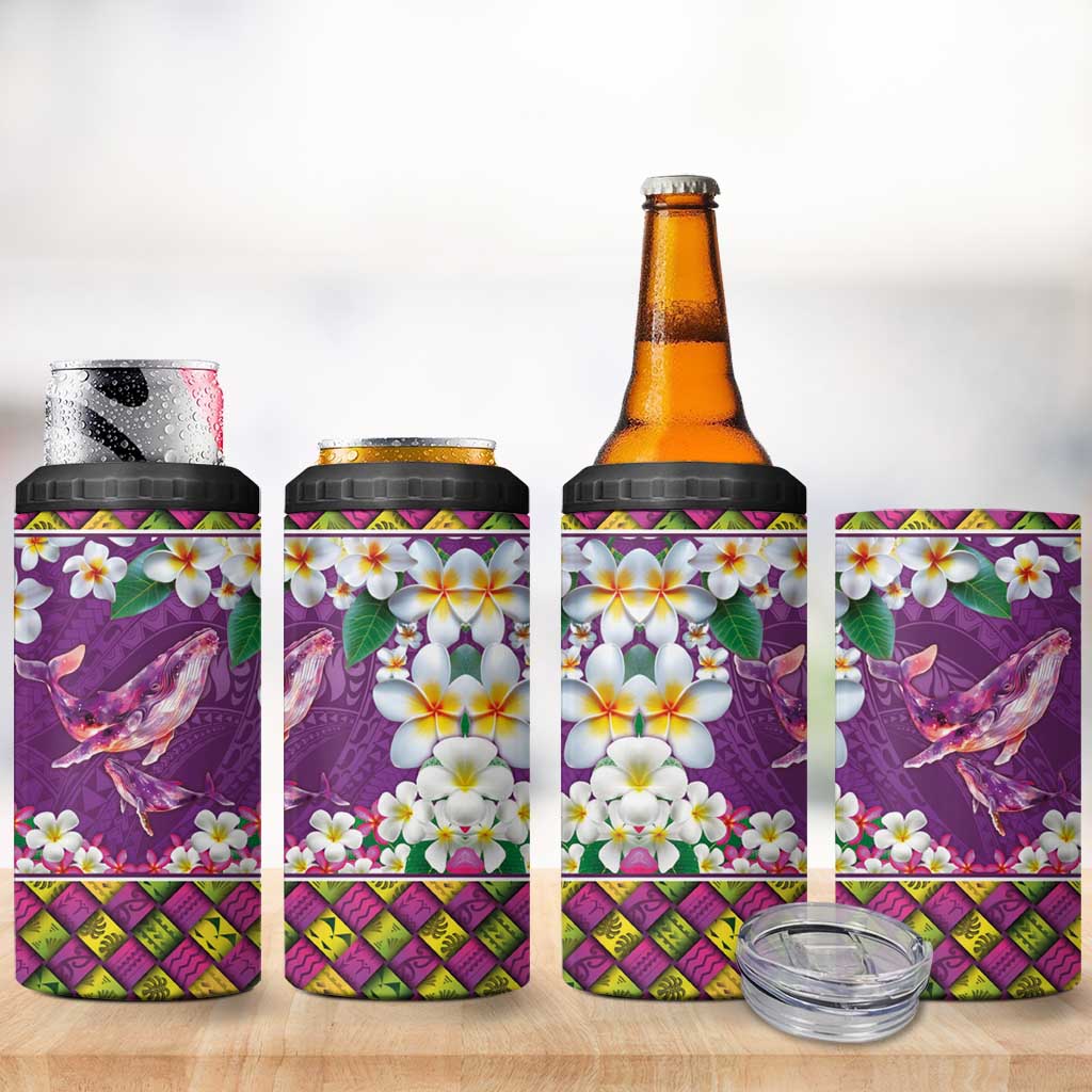 Hawaiian Plumeria and Humpback Whales 4 in 1 Can Cooler Tumbler Polynerian Art Tattoo-Mauve Color