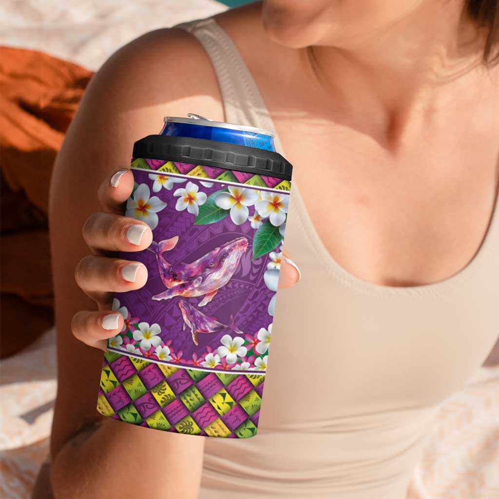 Hawaiian Plumeria and Humpback Whales 4 in 1 Can Cooler Tumbler Polynerian Art Tattoo-Mauve Color