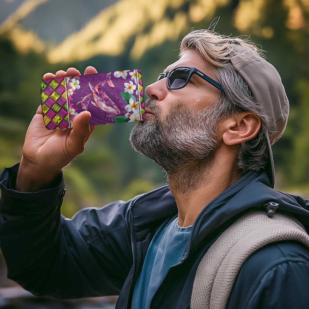 Hawaiian Plumeria and Humpback Whales 4 in 1 Can Cooler Tumbler Polynerian Art Tattoo-Mauve Color