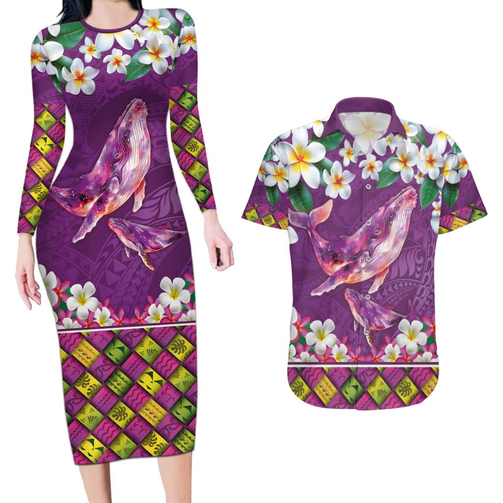 Hawaiian Plumeria and Humpback Whales Couples Matching Long Sleeve Bodycon Dress and Hawaiian Shirt Polynerian Art Tattoo-Mauve Color LT03 Purple - Polynesian Pride