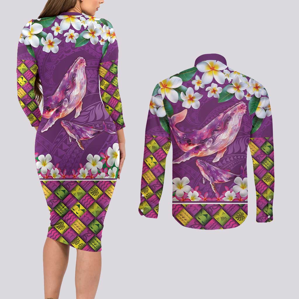 Hawaiian Plumeria and Humpback Whales Couples Matching Long Sleeve Bodycon Dress and Long Sleeve Button Shirt Polynerian Art Tattoo-Mauve Color LT03 - Polynesian Pride
