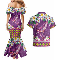 Hawaiian Plumeria and Humpback Whales Couples Matching Mermaid Dress and Hawaiian Shirt Polynerian Art Tattoo-Mauve Color