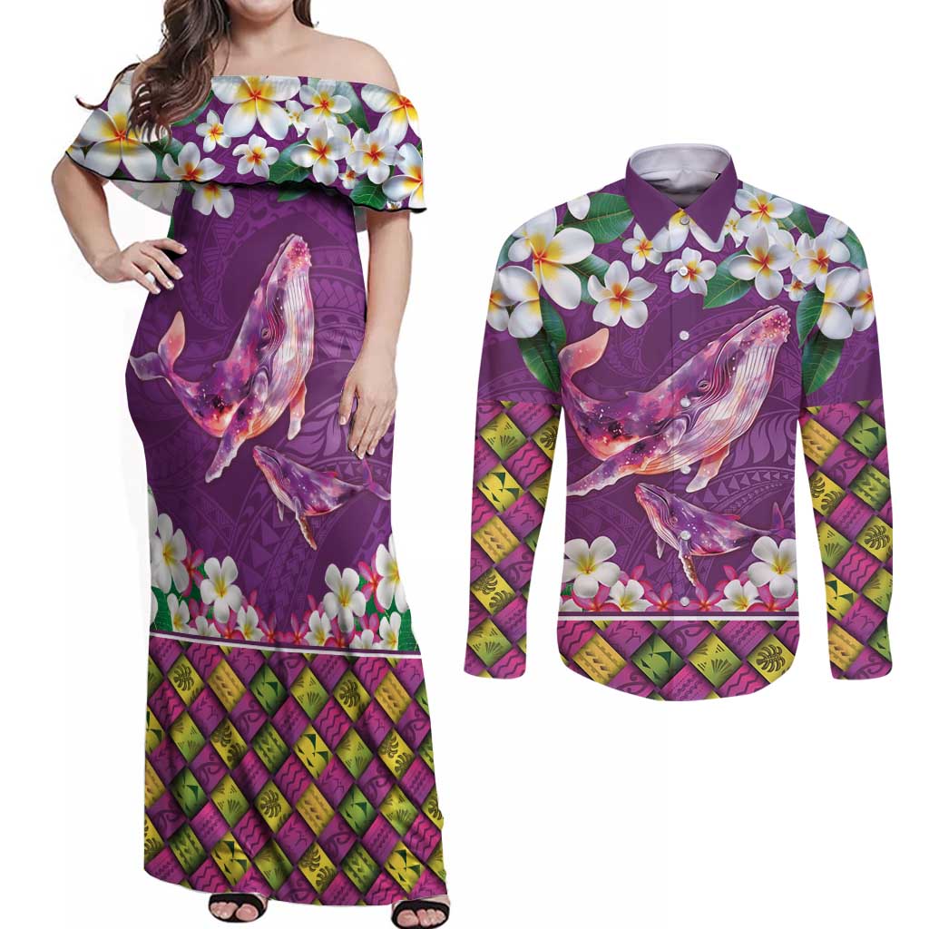 Hawaiian Plumeria and Humpback Whales Couples Matching Off Shoulder Maxi Dress and Long Sleeve Button Shirt Polynerian Art Tattoo-Mauve Color LT03 Purple - Polynesian Pride