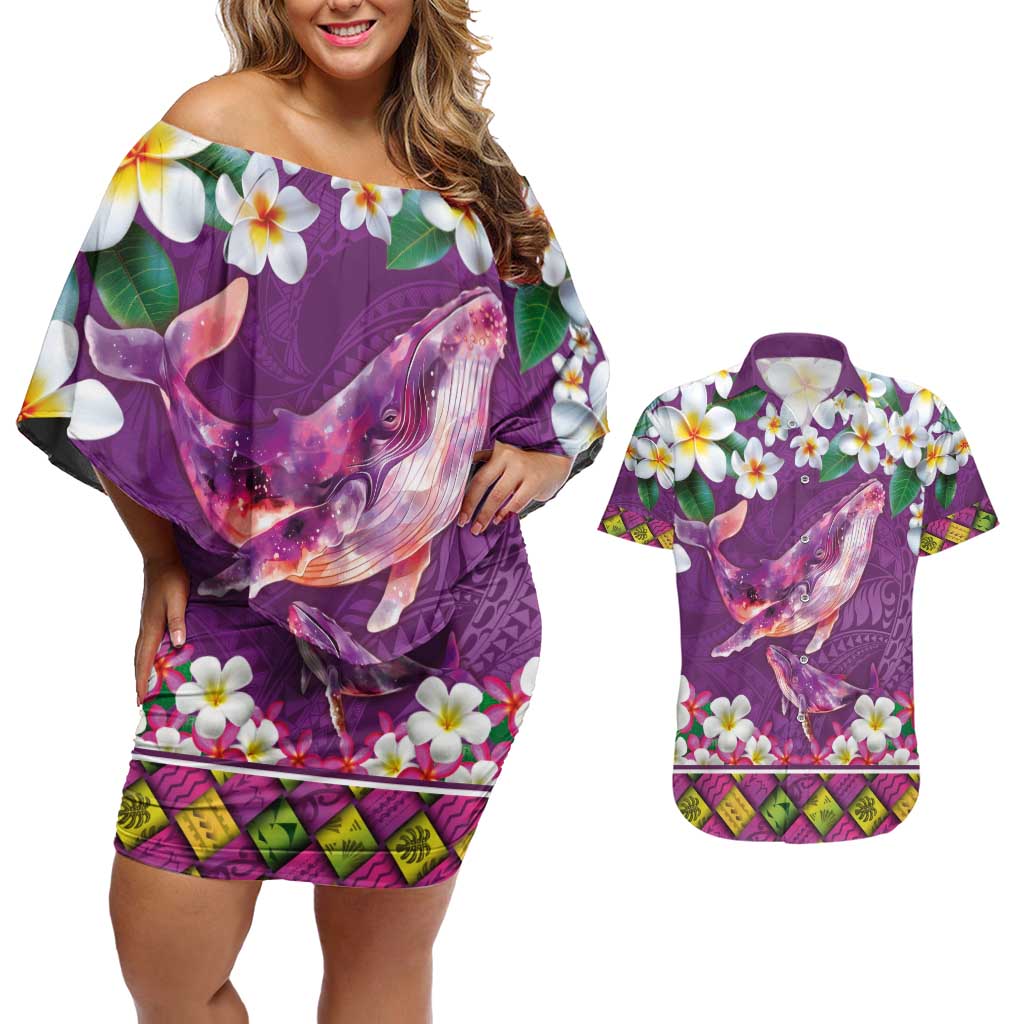 Hawaiian Plumeria and Humpback Whales Couples Matching Off Shoulder Short Dress and Hawaiian Shirt Polynerian Art Tattoo-Mauve Color LT03 Purple - Polynesian Pride