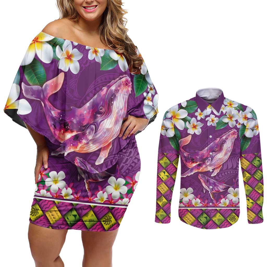 Hawaiian Plumeria and Humpback Whales Couples Matching Off Shoulder Short Dress and Long Sleeve Button Shirt Polynerian Art Tattoo-Mauve Color LT03 Purple - Polynesian Pride