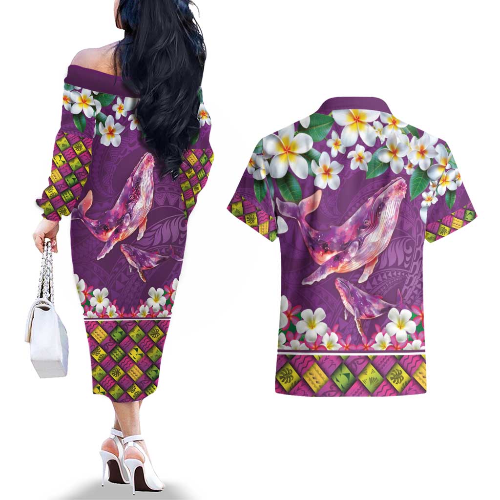 Hawaiian Plumeria and Humpback Whales Couples Matching Off The Shoulder Long Sleeve Dress and Hawaiian Shirt Polynerian Art Tattoo-Mauve Color