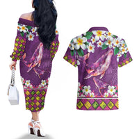 Hawaiian Plumeria and Humpback Whales Couples Matching Off The Shoulder Long Sleeve Dress and Hawaiian Shirt Polynerian Art Tattoo-Mauve Color