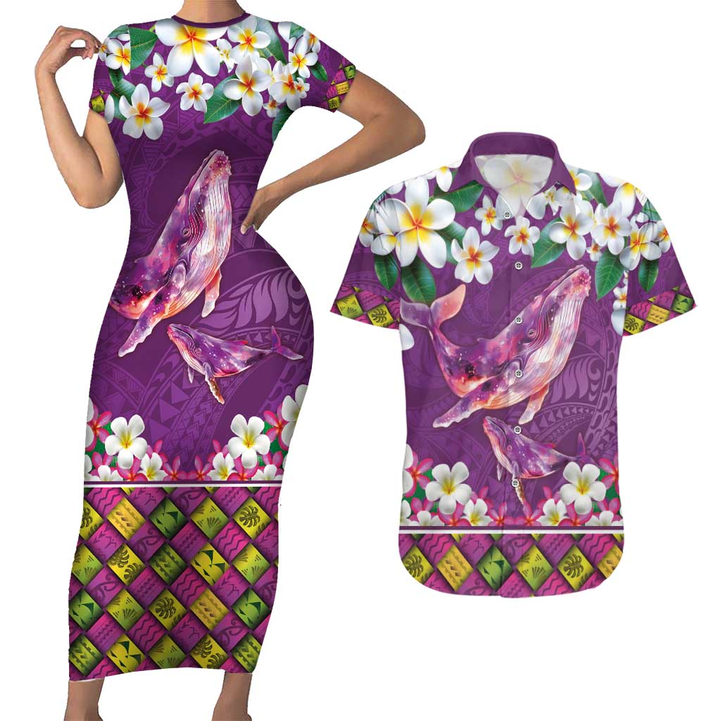 Hawaiian Plumeria and Humpback Whales Couples Matching Short Sleeve Bodycon Dress and Hawaiian Shirt Polynerian Art Tattoo-Mauve Color