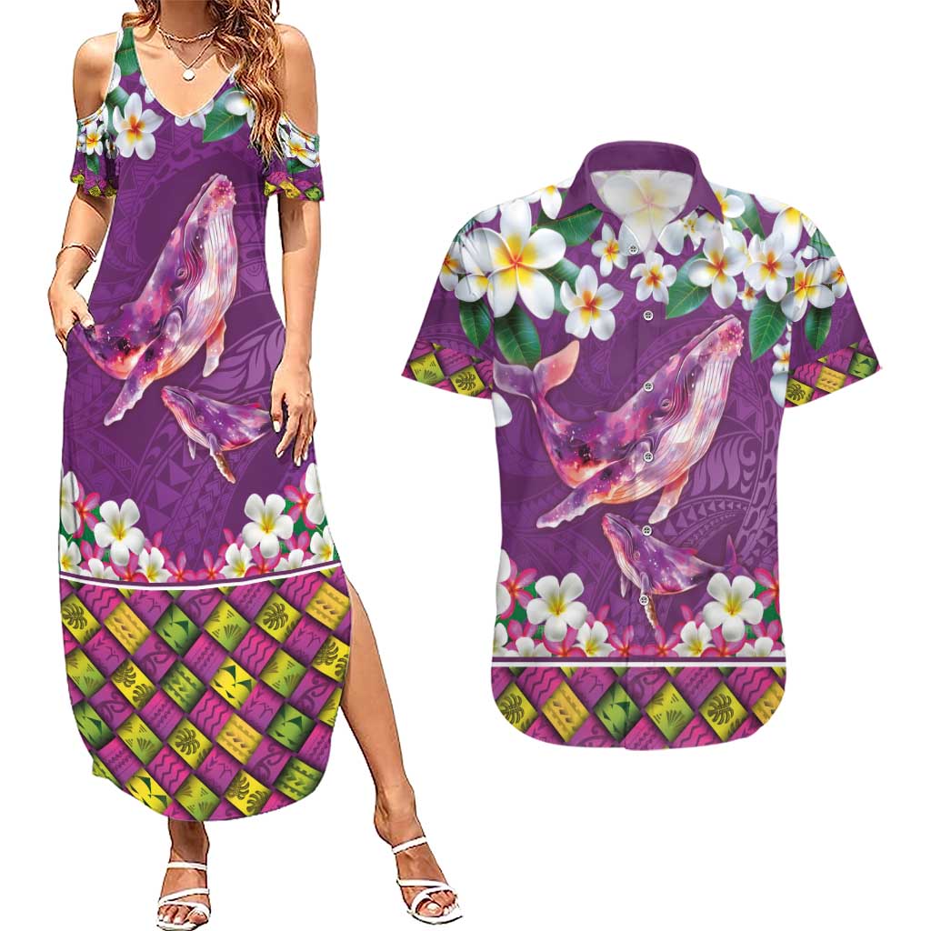 Hawaiian Plumeria and Humpback Whales Couples Matching Summer Maxi Dress and Hawaiian Shirt Polynerian Art Tattoo-Mauve Color