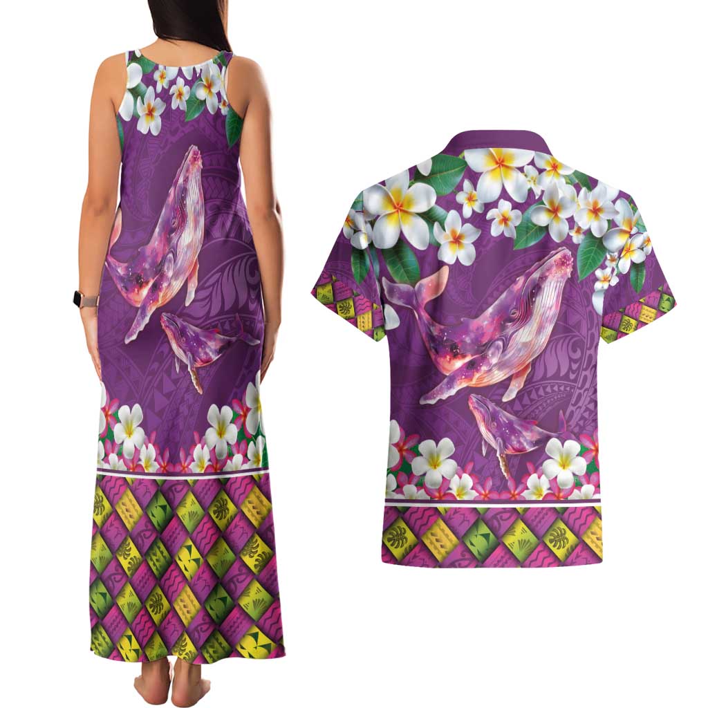 Hawaiian Plumeria and Humpback Whales Couples Matching Tank Maxi Dress and Hawaiian Shirt Polynerian Art Tattoo-Mauve Color