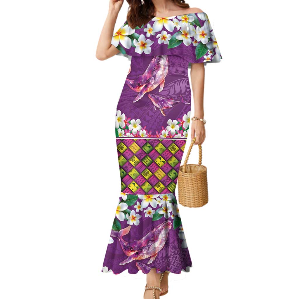 Hawaiian Plumeria and Humpback Whales Family Matching Mermaid Dress and Hawaiian Shirt Polynerian Art Tattoo-Mauve Color
