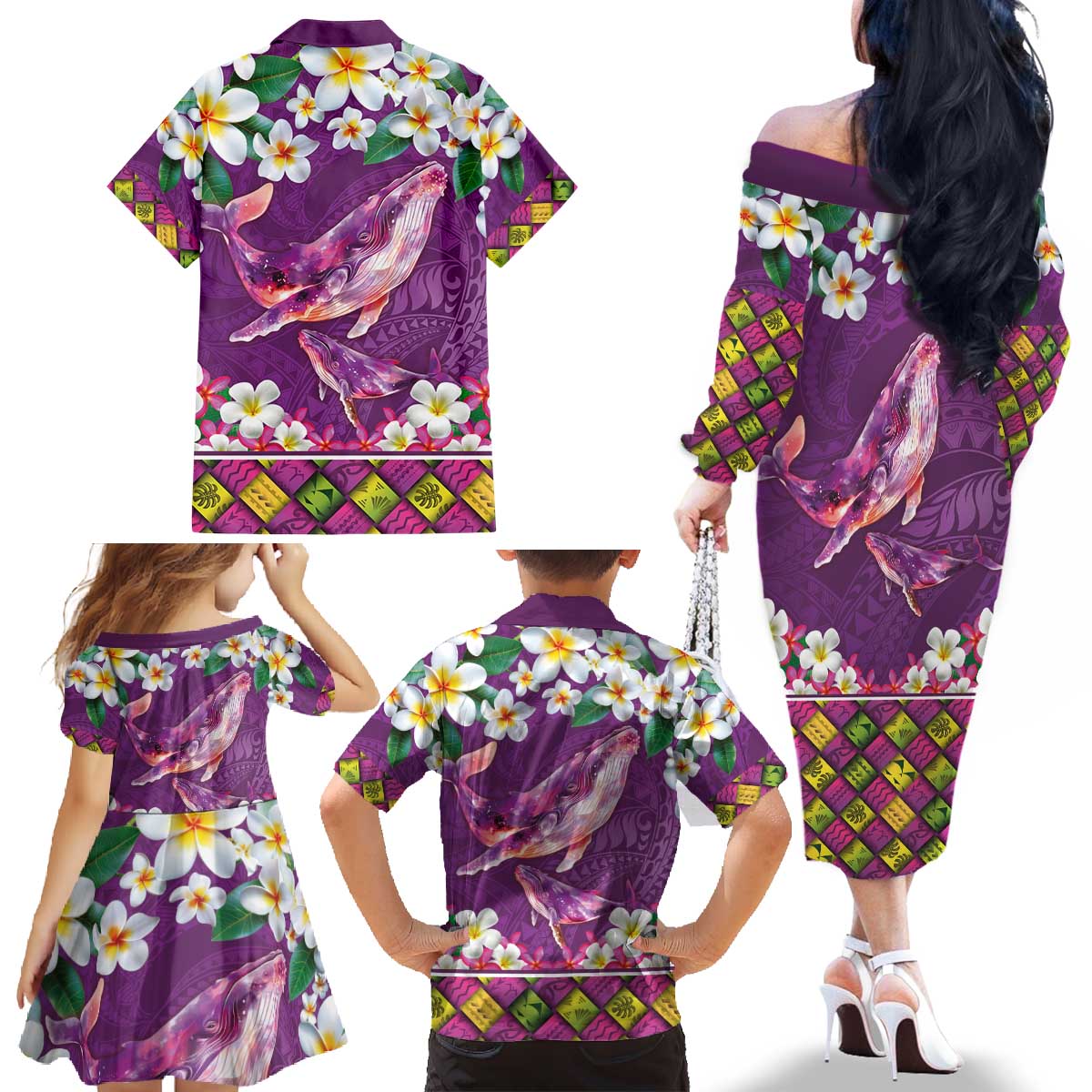Hawaiian Plumeria and Humpback Whales Family Matching Off The Shoulder Long Sleeve Dress and Hawaiian Shirt Polynerian Art Tattoo-Mauve Color