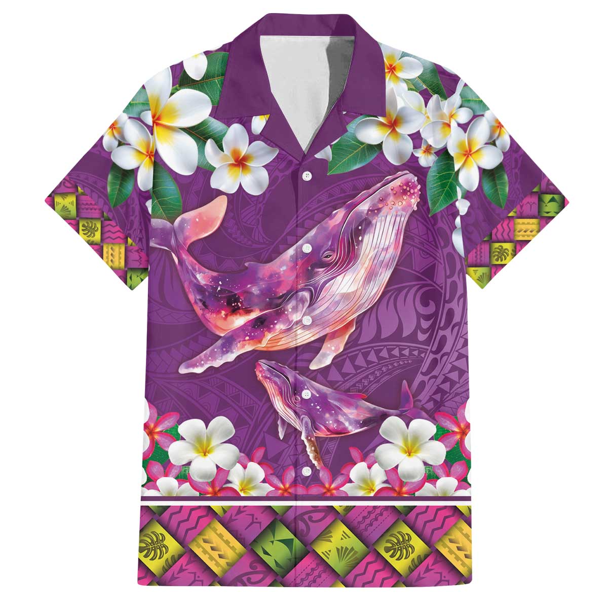 Hawaiian Plumeria and Humpback Whales Family Matching Off The Shoulder Long Sleeve Dress and Hawaiian Shirt Polynerian Art Tattoo-Mauve Color
