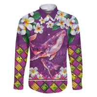 Hawaiian Plumeria and Humpback Whales Family Matching Off The Shoulder Long Sleeve Dress and Hawaiian Shirt Polynerian Art Tattoo-Mauve Color