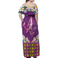 Hawaiian Plumeria and Humpback Whales Family Matching Off Shoulder Maxi Dress and Hawaiian Shirt Polynerian Art Tattoo-Mauve Color