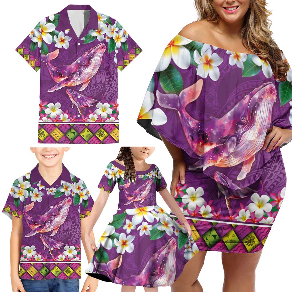 Hawaiian Plumeria and Humpback Whales Family Matching Off Shoulder Short Dress and Hawaiian Shirt Polynerian Art Tattoo-Mauve Color