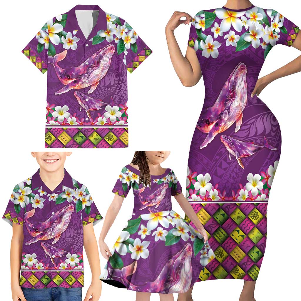 Hawaiian Plumeria and Humpback Whales Family Matching Short Sleeve Bodycon Dress and Hawaiian Shirt Polynerian Art Tattoo-Mauve Color
