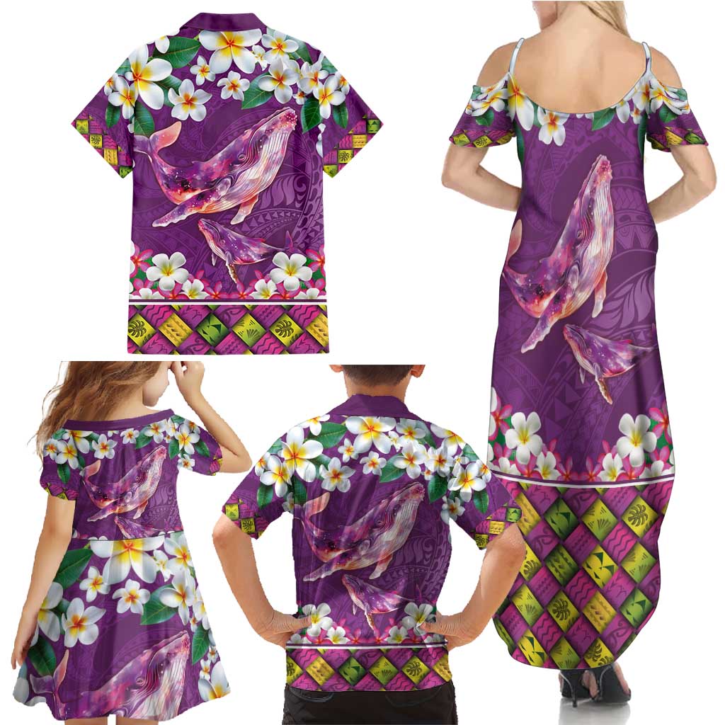 Hawaiian Plumeria and Humpback Whales Family Matching Summer Maxi Dress and Hawaiian Shirt Polynerian Art Tattoo-Mauve Color