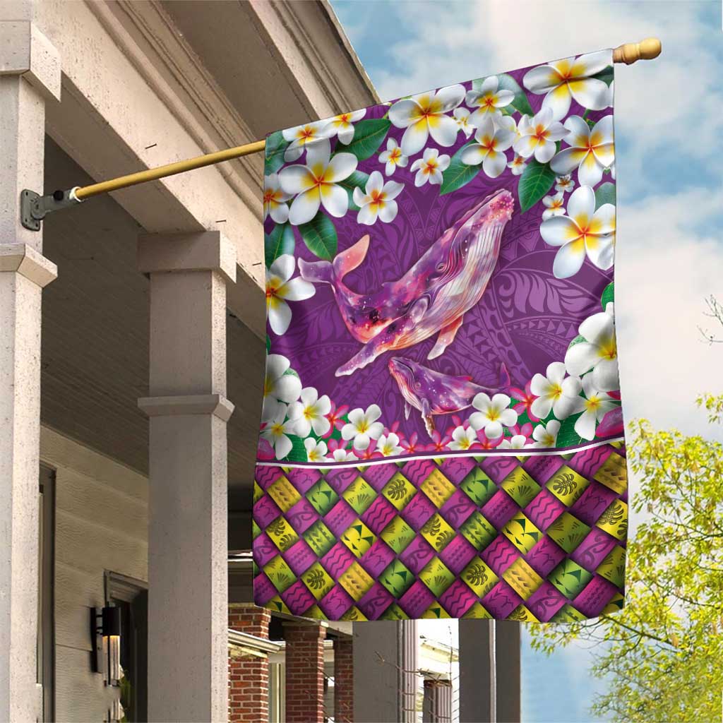 Hawaiian Plumeria and Humpback Whales Garden Flag Polynerian Art Tattoo-Mauve Color LT03 House Flag Purple - Polynesian Pride