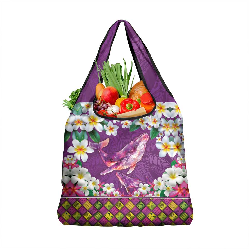 Hawaiian Plumeria and Humpback Whales Grocery Bag Polynerian Art Tattoo-Mauve Color