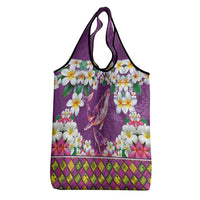 Hawaiian Plumeria and Humpback Whales Grocery Bag Polynerian Art Tattoo-Mauve Color