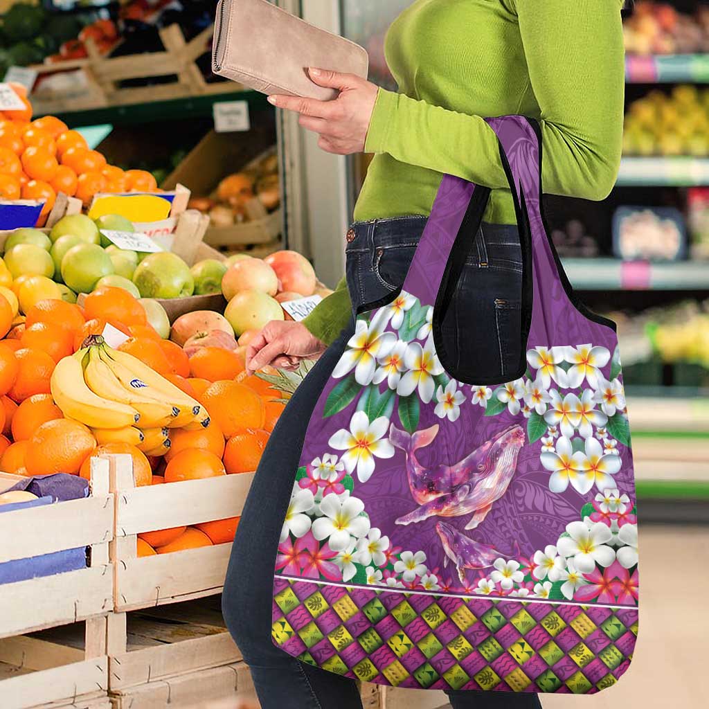 Hawaiian Plumeria and Humpback Whales Grocery Bag Polynerian Art Tattoo-Mauve Color