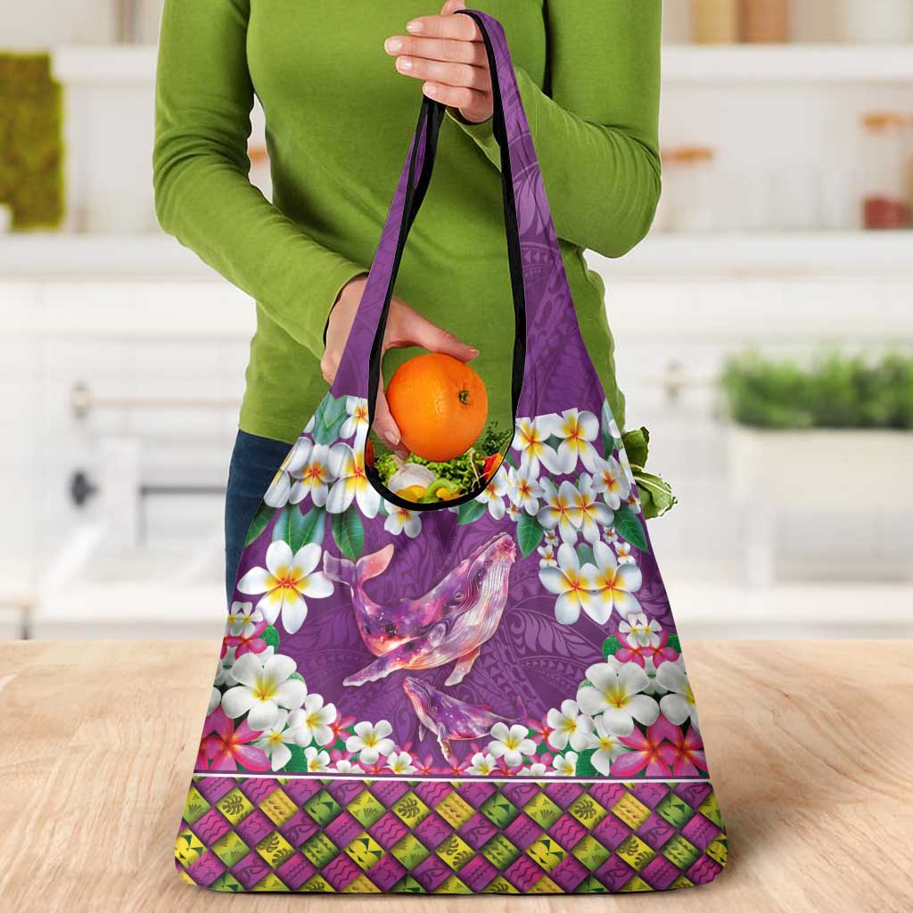Hawaiian Plumeria and Humpback Whales Grocery Bag Polynerian Art Tattoo-Mauve Color
