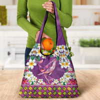 Hawaiian Plumeria and Humpback Whales Grocery Bag Polynerian Art Tattoo-Mauve Color