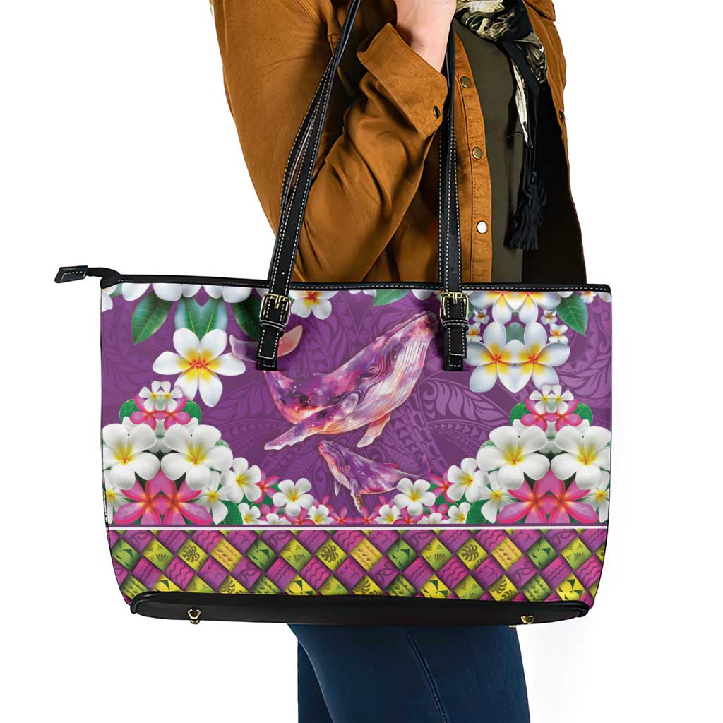Hawaiian Plumeria and Humpback Whales Leather Tote Bag Polynerian Art Tattoo-Mauve Color