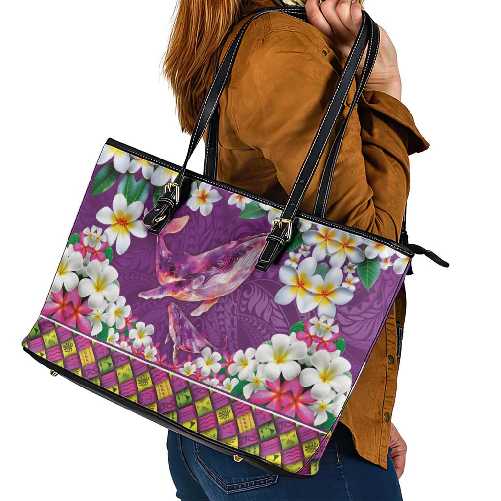 Hawaiian Plumeria and Humpback Whales Leather Tote Bag Polynerian Art Tattoo-Mauve Color