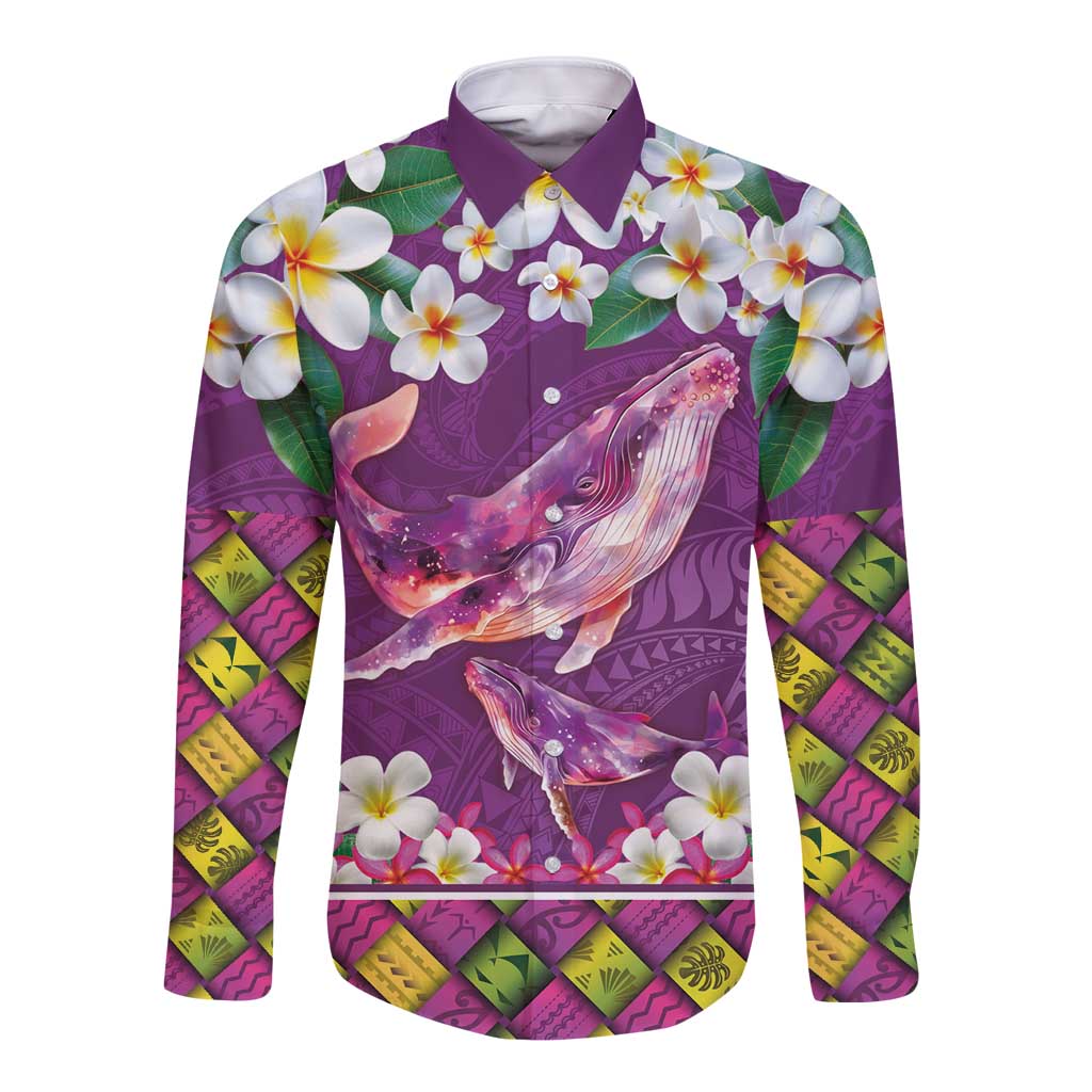Hawaiian Plumeria and Humpback Whales Long Sleeve Button Shirt Polynerian Art Tattoo-Mauve Color LT03 Unisex Purple - Polynesian Pride
