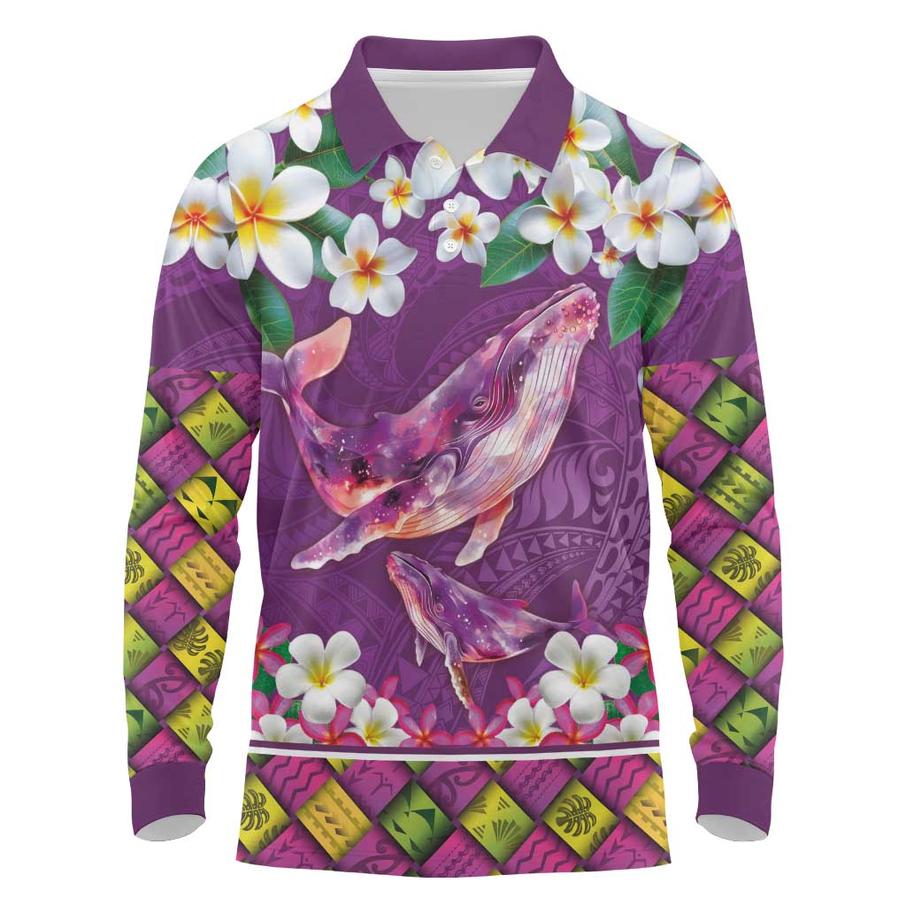 Hawaiian Plumeria and Humpback Whales Long Sleeve Polo Shirt Polynerian Art Tattoo-Mauve Color
