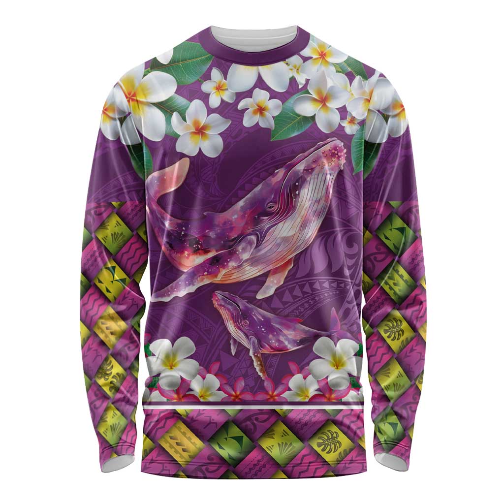 Hawaiian Plumeria and Humpback Whales Long Sleeve Shirt Polynerian Art Tattoo-Mauve Color LT03 Unisex Purple - Polynesian Pride