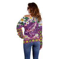 Hawaiian Plumeria and Humpback Whales Off Shoulder Sweater Polynerian Art Tattoo-Mauve Color