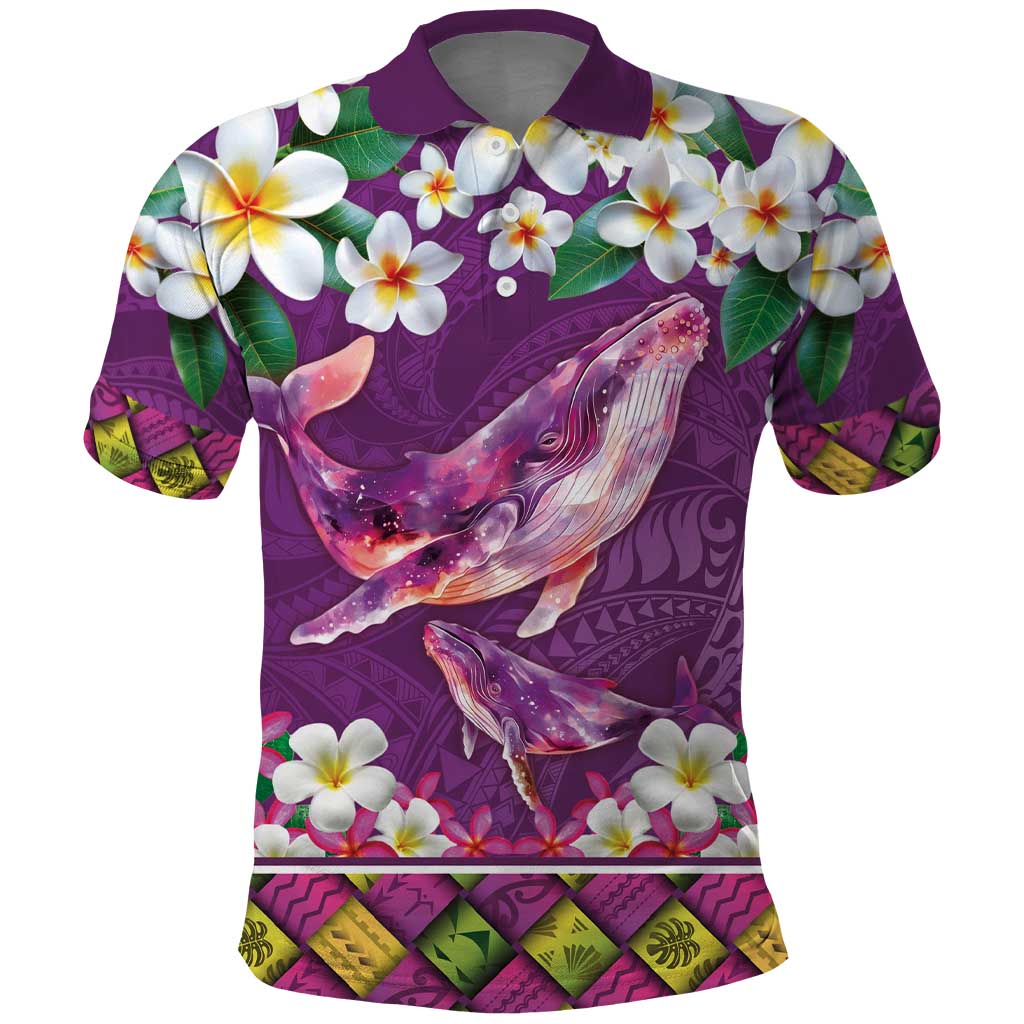 Hawaiian Plumeria and Humpback Whales Polo Shirt Polynerian Art Tattoo-Mauve Color