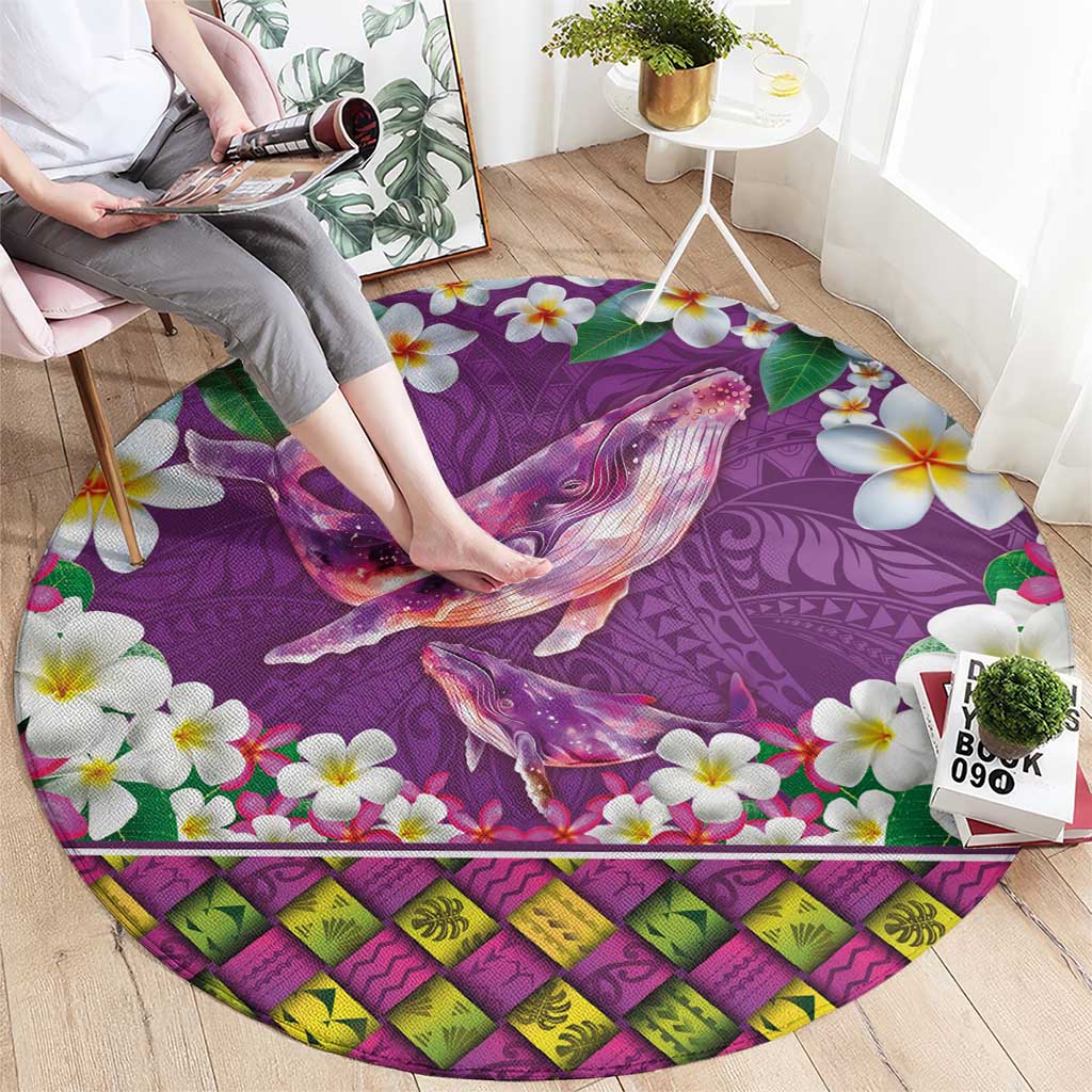 Hawaiian Plumeria and Humpback Whales Round Carpet Polynerian Art Tattoo-Mauve Color