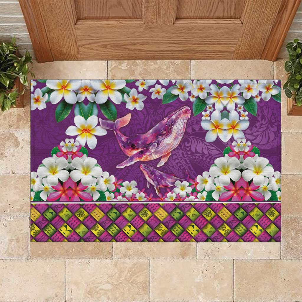 Hawaiian Plumeria and Humpback Whales Rubber Doormat Polynerian Art Tattoo-Mauve Color LT03 Purple - Polynesian Pride