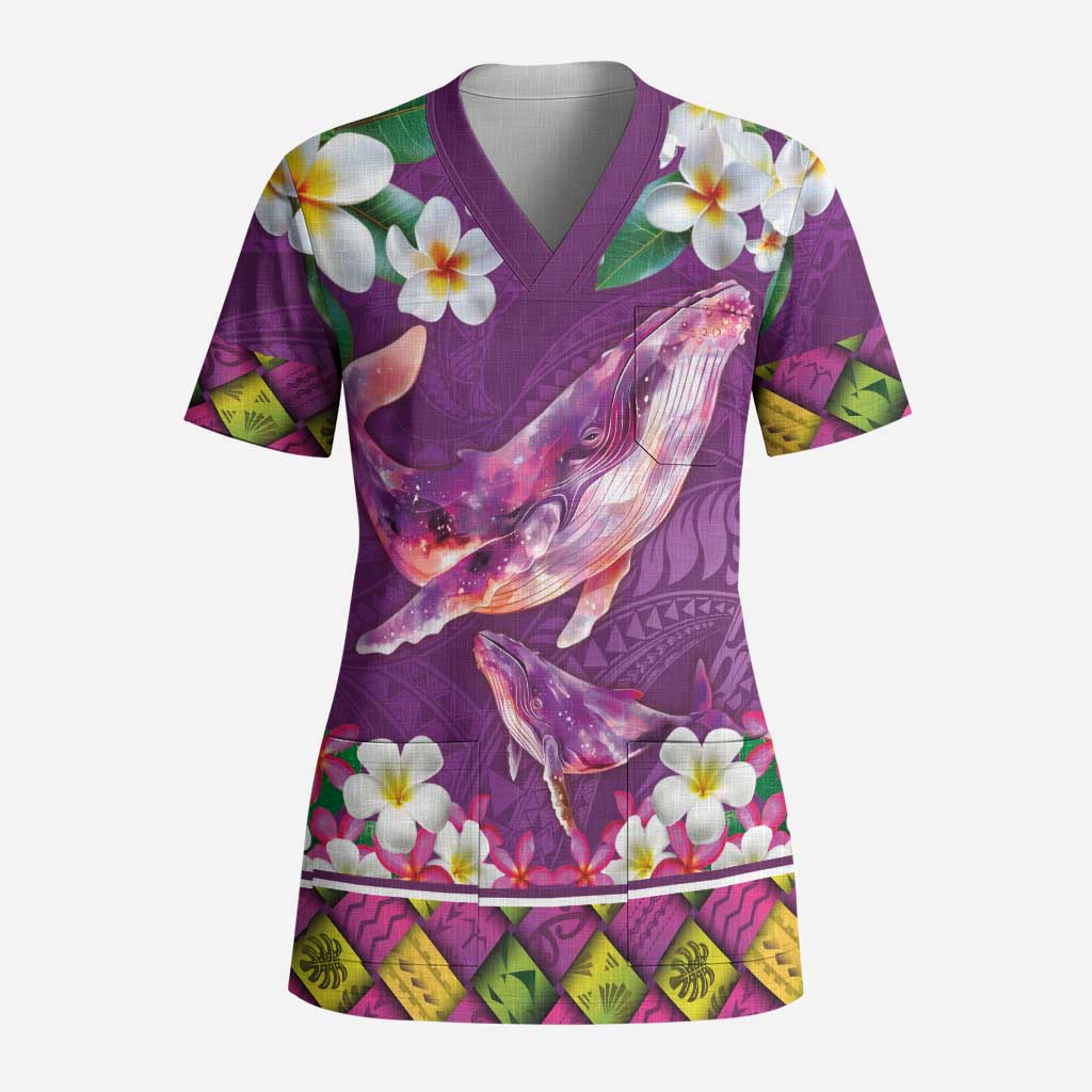 Hawaiian Plumeria and Humpback Whales Scrub Top Polynerian Art Tattoo-Mauve Color - Polynesian Pride