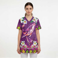 Hawaiian Plumeria and Humpback Whales Scrub Top Polynerian Art Tattoo-Mauve Color - Polynesian Pride