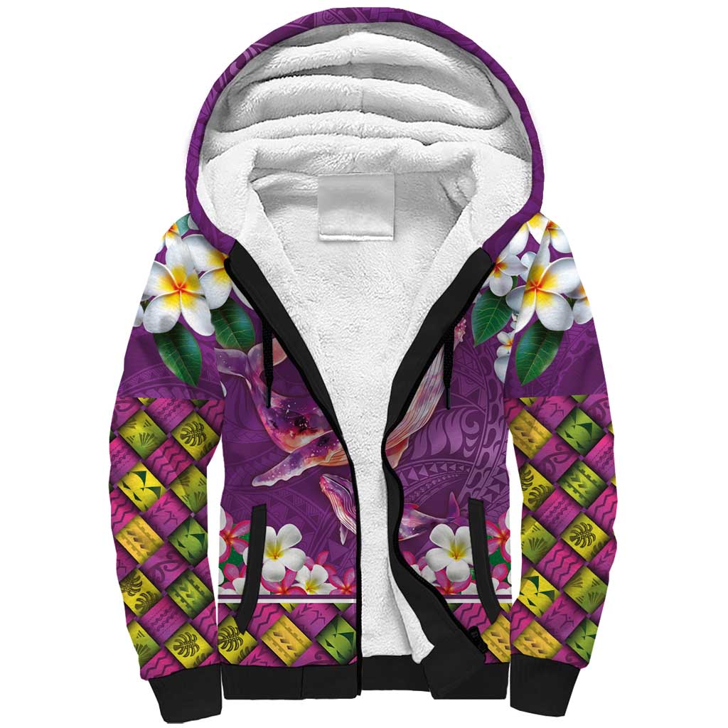 Hawaiian Plumeria and Humpback Whales Sherpa Hoodie Polynerian Art Tattoo-Mauve Color LT03 Unisex Purple - Polynesian Pride