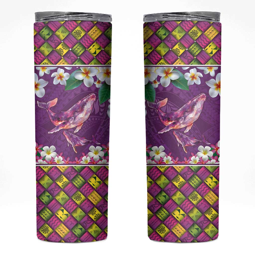 Hawaiian Plumeria and Humpback Whales Skinny Tumbler Polynerian Art Tattoo-Mauve Color