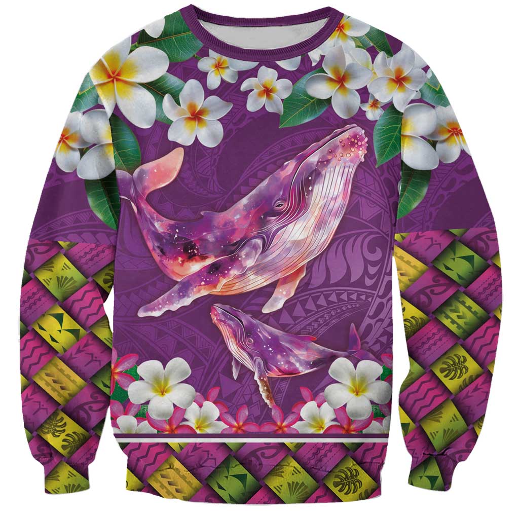 Hawaiian Plumeria and Humpback Whales Sweatshirt Polynerian Art Tattoo-Mauve Color LT03 Unisex Purple - Polynesian Pride