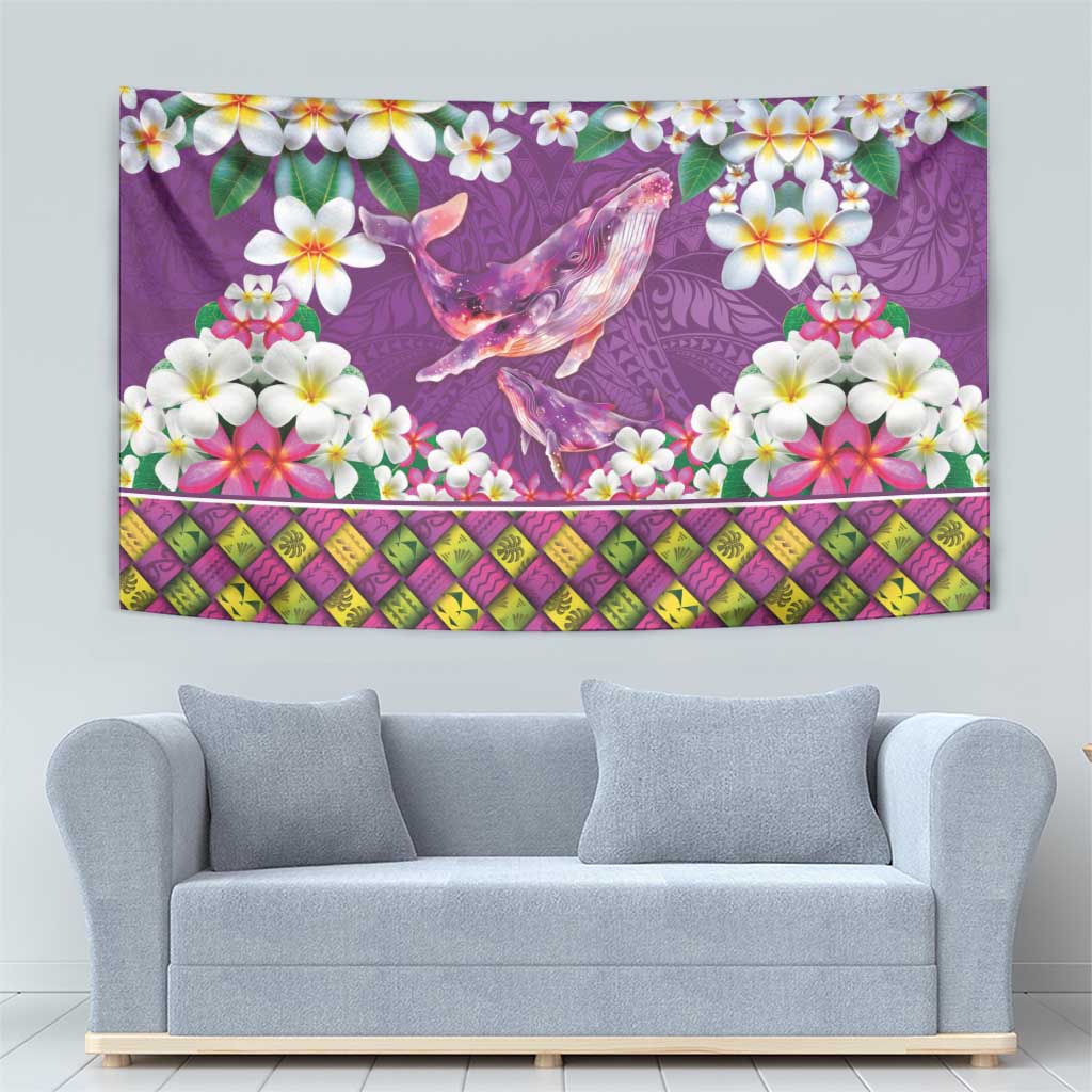 Hawaiian Plumeria and Humpback Whales Tapestry Polynerian Art Tattoo-Mauve Color