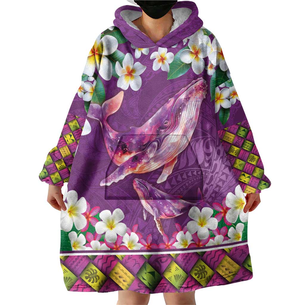 Hawaiian Plumeria and Humpback Whales Wearable Blanket Hoodie Polynerian Art Tattoo-Mauve Color