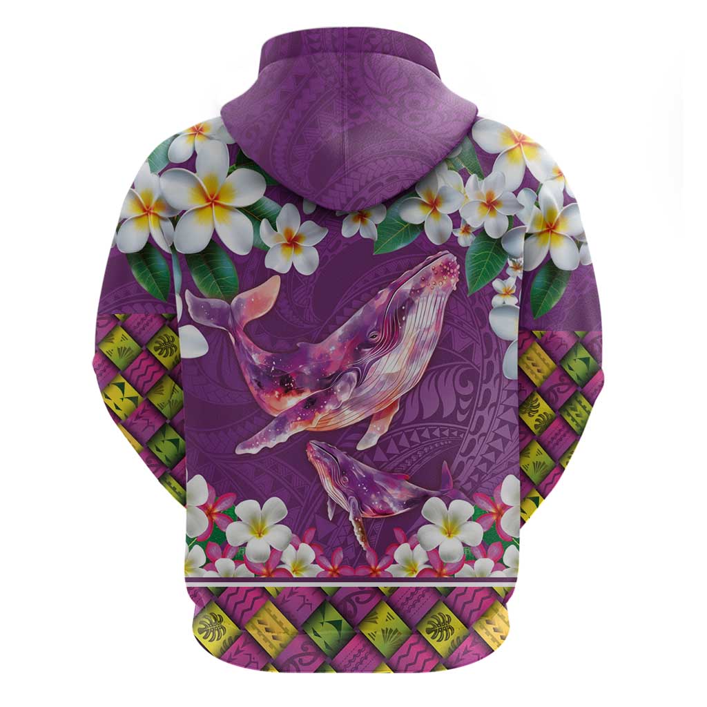 Hawaiian Plumeria and Humpback Whales Zip Hoodie Polynerian Art Tattoo-Mauve Color