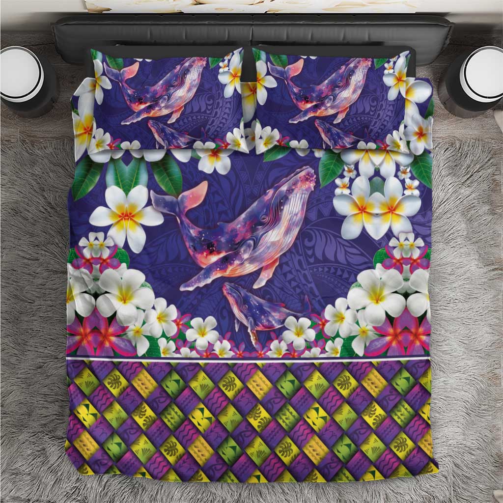 Hawaiian Plumeria and Humpback Whales Bedding Set Polynerian Art Tattoo-Navy Color