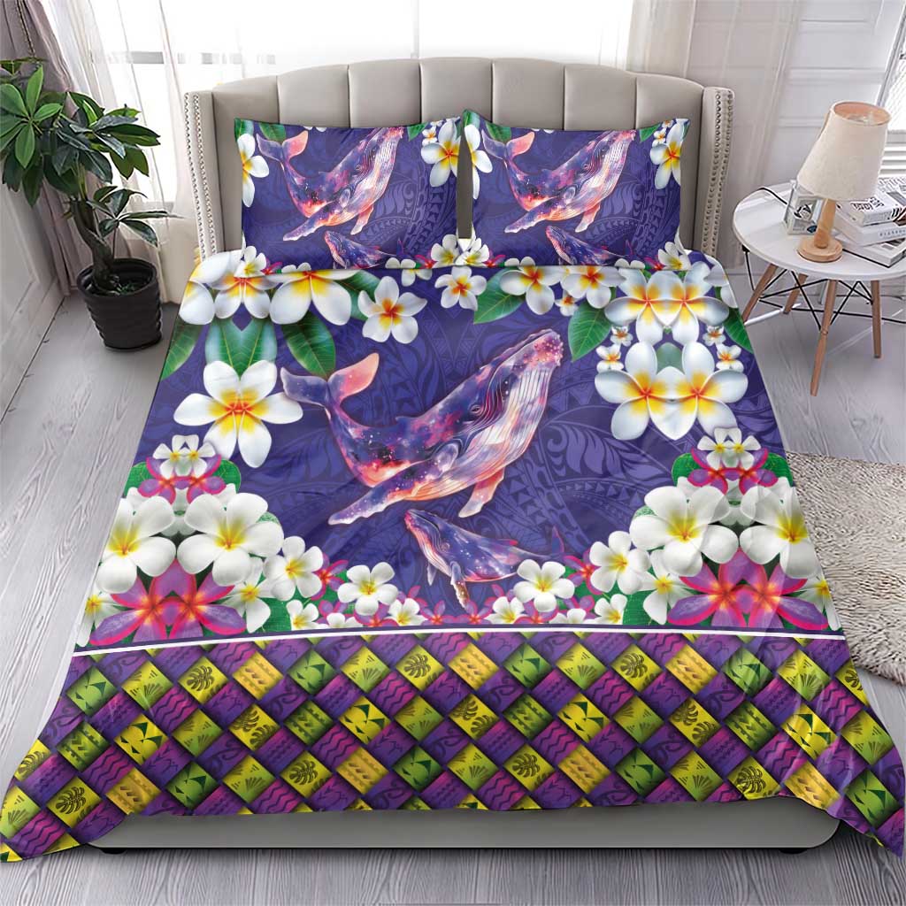 Hawaiian Plumeria and Humpback Whales Bedding Set Polynerian Art Tattoo-Navy Color