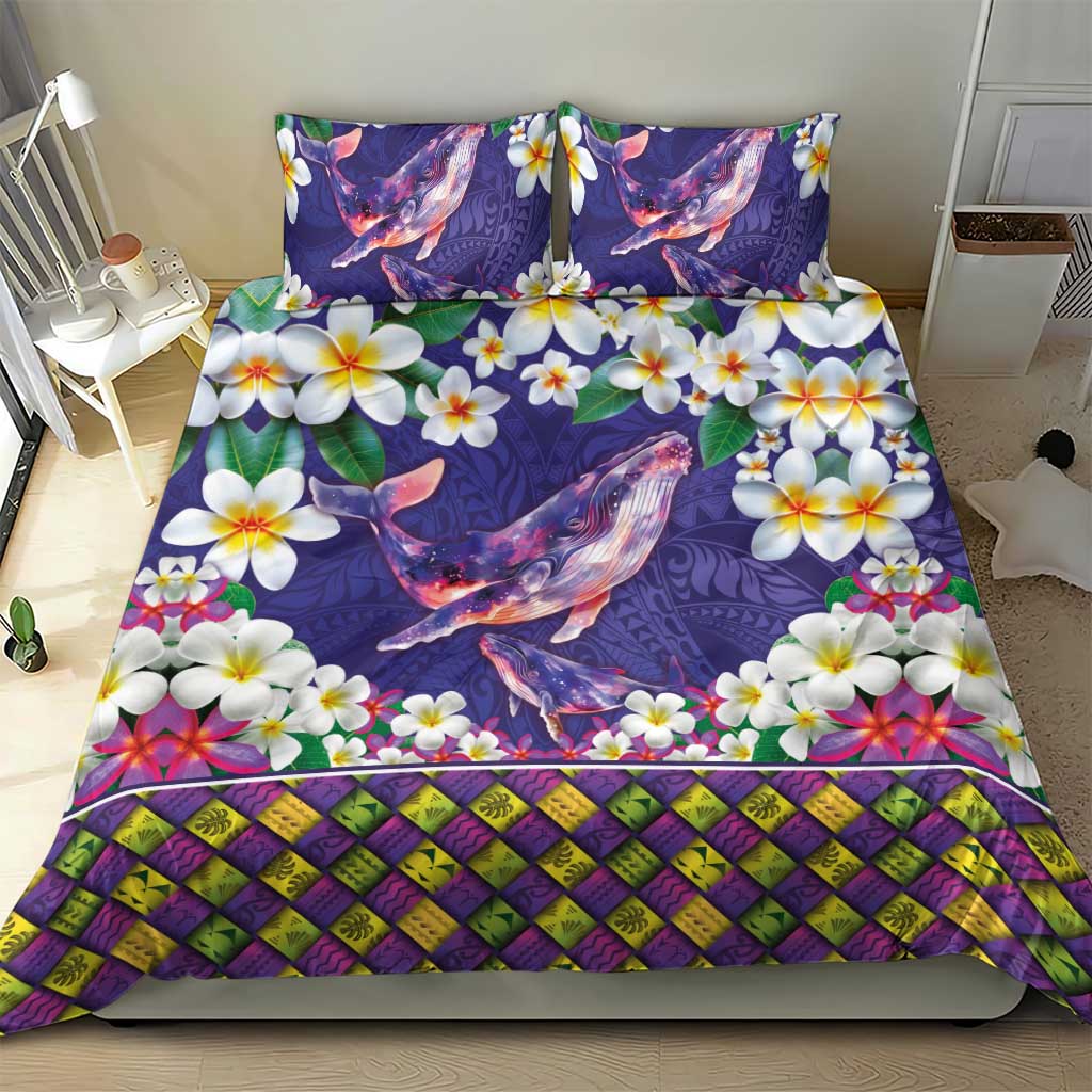 Hawaiian Plumeria and Humpback Whales Bedding Set Polynerian Art Tattoo-Navy Color