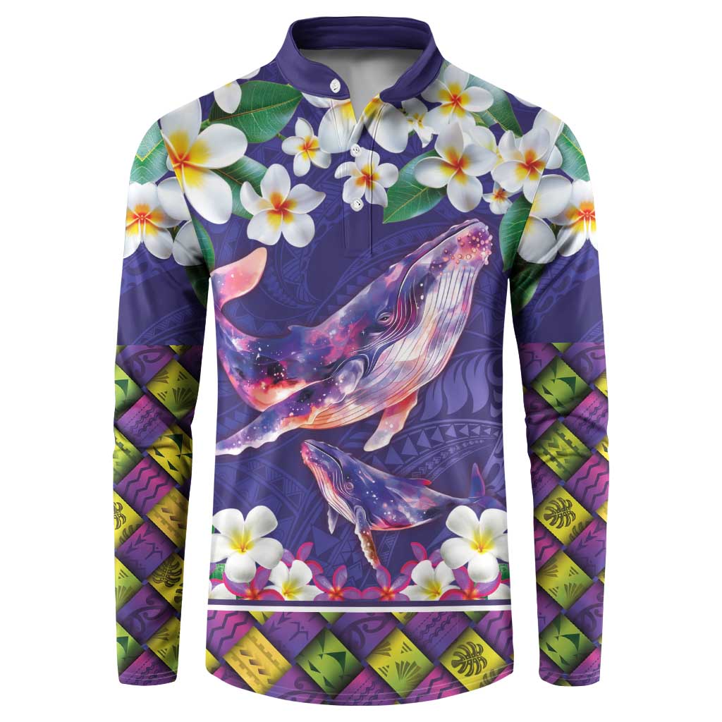 Hawaiian Plumeria and Humpback Whales Button Sweatshirt Polynerian Art Tattoo-Navy Color LT03 Navy - Polynesian Pride